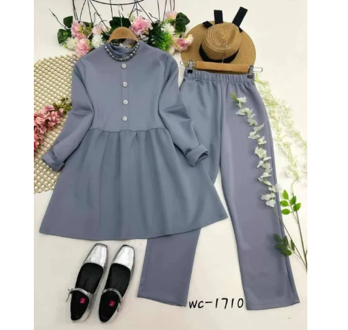 Elegant Modest Light Grey Tunic and Trouser Set